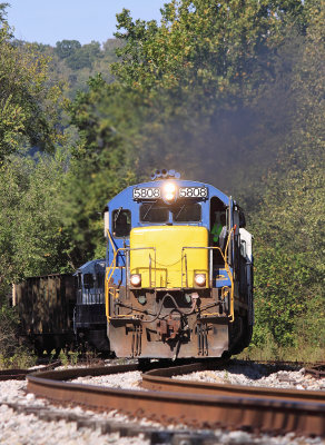 A Southbound empty train starts up the steep grade out of the Ohio River valley as they depart Maysville on the old L&N 