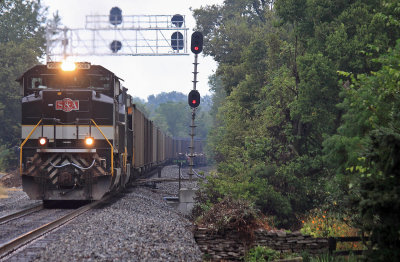 S&A 1065 brings a loaded coal train under the new signal bridge at Talmage