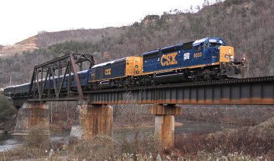 The CSX Santa train eases across the C&O bridge over the Russell Fork, ready for the Second stop of the day at Elkhorn City 