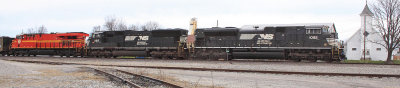 NS 890 comes by the depot at Lawrenceburg with NS 8114 3rd out 
