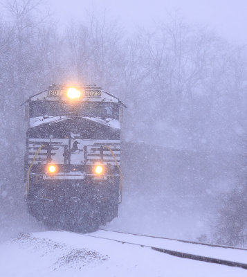 Westbound 709 powers through the raging snow storm near Talmage 