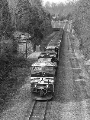 Southbound coal train 74J has no trouble on the hill at Kings Mountain with 2 on the front and 2 on the rear 