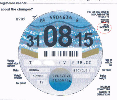 The last UK tax disk issued, ever. Maybe ;-) Got it in the post on 29/9 to display until 30/9. From 1/10/2014 it is not required
