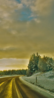 The golden road home in winter