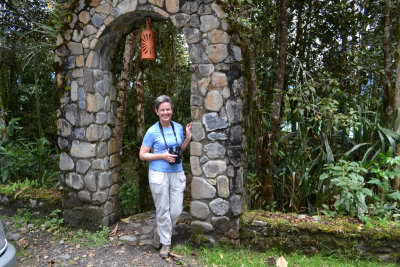Gail at entrance to cabins at Cabanas San Isidro
