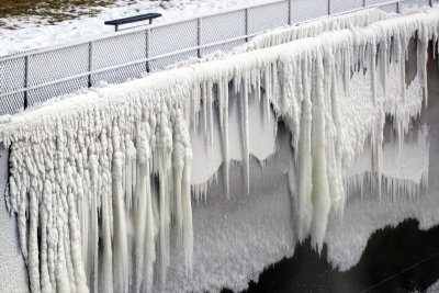 Ice formation along spillway wall at Saylorville Lake Dam in Des Moines, Iowa