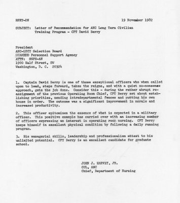 Long-Term Civilian Training - Letter of Recommendation from COL John Harvey - 1982