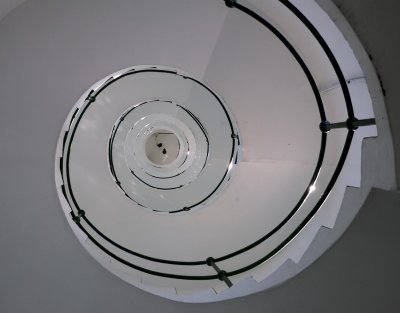 View of stairs, from the bottom. 