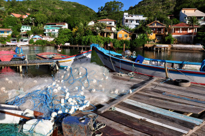 Barra da Lagoa; fishing boats and nets.