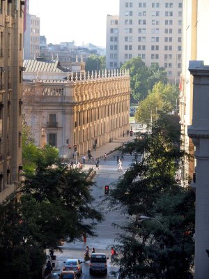 Santiago downtown; shot from my hotel balcony. the main building behind is the  Casa de la Moneda.