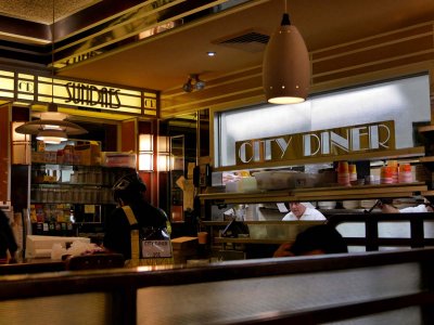 NYC; Broadway near 90th street. Beautiful diner (City Diner), in 'art déco' style.