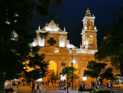 Basilica Cathedral, Plaza 9 de Julio. At night.