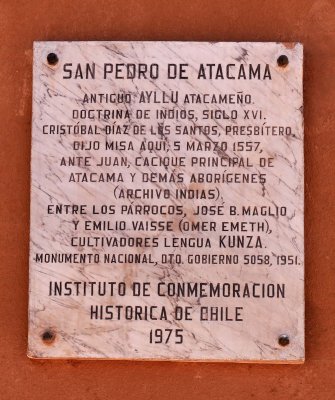Information on the wall of San Pedro de Atacama church. It exists from the XVI century. 