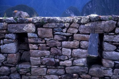 The Machu Picchu ruins; the trapeziodal windows are typical.