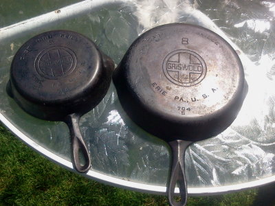 WIFE FOUND THEZE FOR A DOLLAR A PIECE!!! Company was sold out to Wagner in Dec. 1957. Over the years,  the logo changed on the bottom. Theze pans were made between 1920 to 1940 from the big block logos. COMPANY WAS STrted in 1865 and made the best cast iron in USA,    Erie P.A.