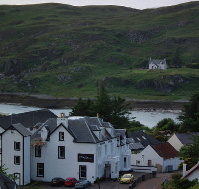Morar_hotel with Skye behind from Cross