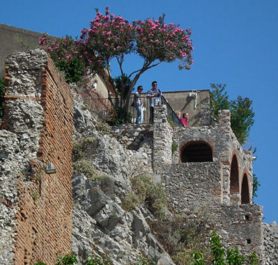 Taormina front outside of amphitheatre and Oleander trees