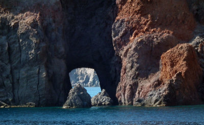 Lipari from ferry, part of Four Eyes sea stacks