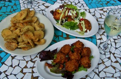 just for fun (5) fried pickles, corn fritters & fried green tomatoes