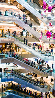 busy escalators at the shopping mall