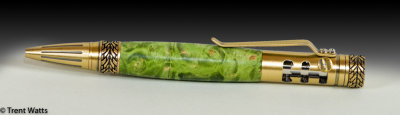 Gear-shift pen made with Maple burl colored with green dye and resin.