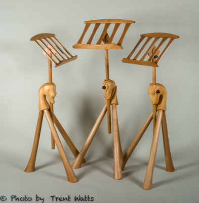 Three music stands made from Western Big Leaf Maple. Shape Shifter, Luke and Amos [the 'gator]