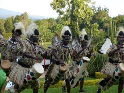 Kikuyu tribal dancers entertain at the outside bar in front of the pool