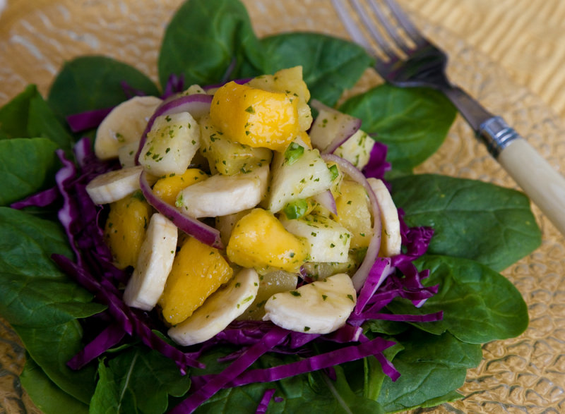Pineapple-Jicama Salad with Purple Cabbage and Baby Spinach