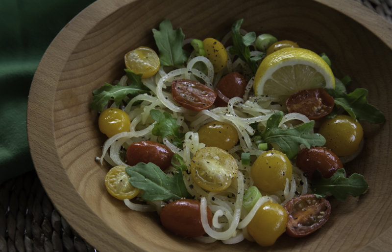 Spiralized Potato Pasta with Tomatoes Sauteed in Garlic Butter