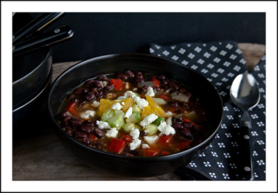 Black Bean Soup with Avocado, Orange and Cucumber