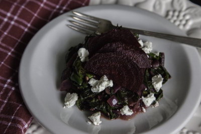 Lemon and Butter Braised Beet Greens with Roasted Beets and Goat Cheese