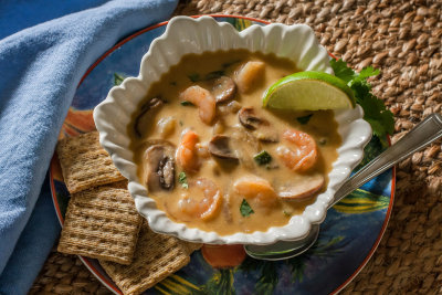 Butternut Squash Soup with Shrimp and Mushrooms