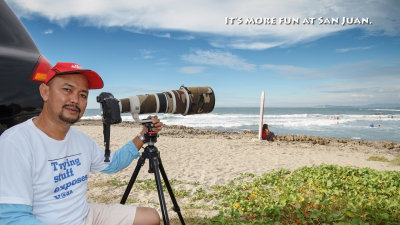 SURFING IS MORE FUN AT SAN JUAN. This shutter-clicker enjoys capturing wave-riders with a 1D MIV + 500 f4 IS + 1.4x TC at San Juan Beach, La Union, Northern Philippines.

(Canon 7D + Sigma 10-20, 10 mm, f/8, ISO 200, 1/250 sec, on-board flash for fill, hand held.)