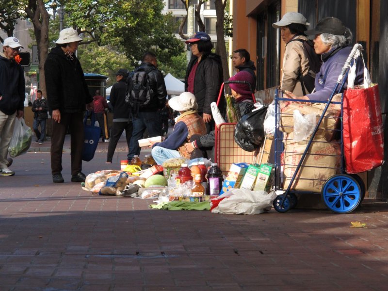 Elderly Asian Ladies Selling Food on the Sidewalk Near Civic Center Farmers Market