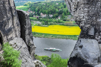 View of the Elbe from High Up on the Bastei Rock Formation Cliffs