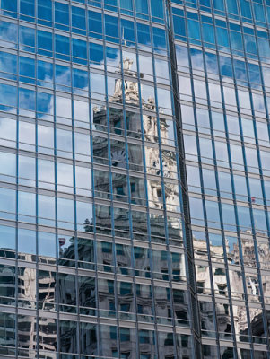 Reflection of Tribune in Blue Glass