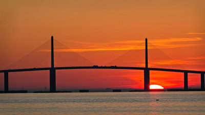 Sunrise over Skyway Bridge w Pelican