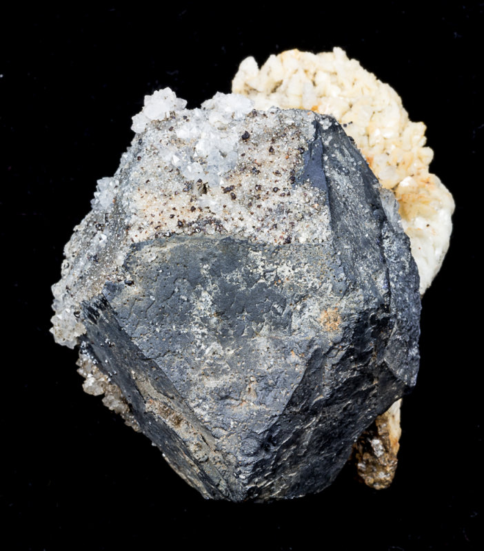 5 cm Galena cuboctahedron with quartz and sphalerite on ankerite-dolomite. Smallcleugh Mine, Nenthead, Alston Moor.