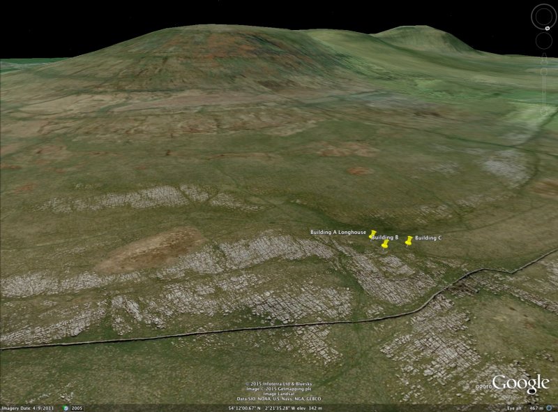 Gauber High Pasture site at Ribblehead. Park Fell, Simon Fell and Ingleborough behind.