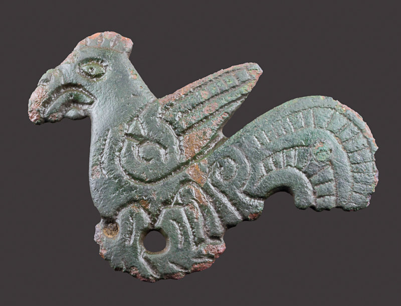 Cockerel brooch, copper alloy, 45 mm, 9th-10th century, found near Bawtry, Nottinghamshire (within the Danelaw).