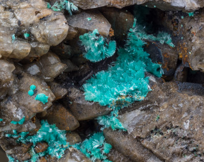 Aurichalcite on 9 cm matrix of calcite crystals, Wetgrooves Mine, Askrigg, Wensleydale, N Yorkshire.