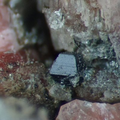 Anatase with pink feldspar. Shap Pink Quarry, Shap, Cumbria, England, UK. ca 1 mm crystal on 18 mm specimen.