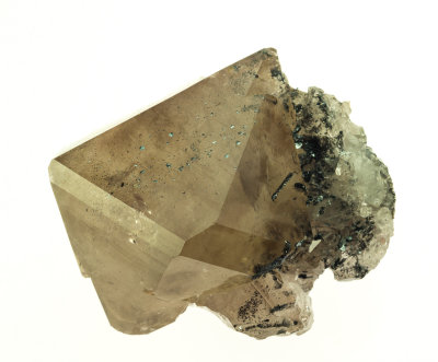 Smoky quartz, 6 cm lustrous crystal with hematite. Florence Mine, Egremont, Cumbria. Victorian specimen with multiple labels.