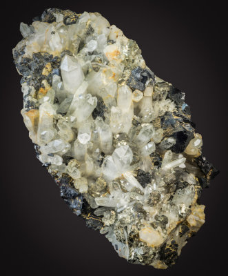 Sphalerite crystals to 2 cm with pyrite on quartz crystals to 3 cm. 15 cm specimen, Wheal Jane.