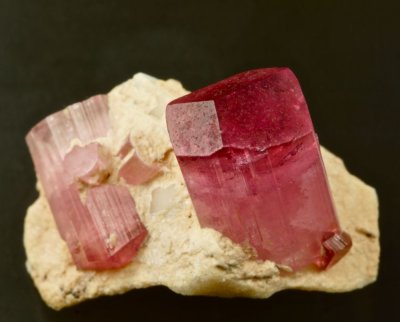 Pink elbaite to 12 mm, doubly terminated on 2 cm matrix. Male, about 80 km S of Mogok, Sagaing District, Burma.