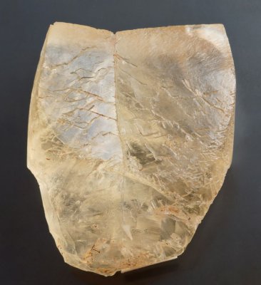 Calcite, rare axehead twin, 4 cm. Bonsal Moor, Derbyshire, UK. 1981 find.(twin plane {01.2})