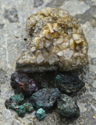 Fluorite and copper minerals from the old smelting works for ore from the Stonycroft Mine.