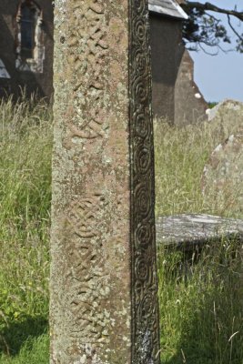 Irton cross, 3m carved red sandstone cross dating to the 9th century. Celtic spiral and fret designs rather than Scandinavian