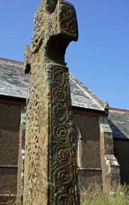 Irton cross, 3m carved red sandstone cross dating to the 9th century. Celtic spiral and fret designs rather than Scandinavian