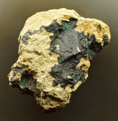 Chalcocite with malachite crystals, 5 cm. Comb Gill, Burtness Combe, Buttermere, Cumbria.